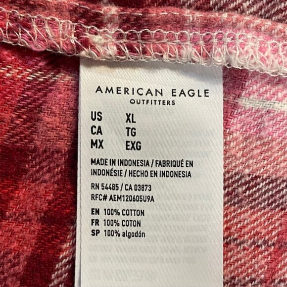 AMERICAN EAGLE Red and Pink Plaid Cropped Flannel Shirt - Size XL - Picture 6 of 7
